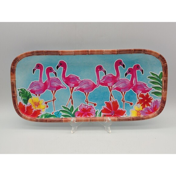Sur La Table Flamingo Tray Rectangular Hibiscus Tropical Summer Melamine - Picture 1 of 5